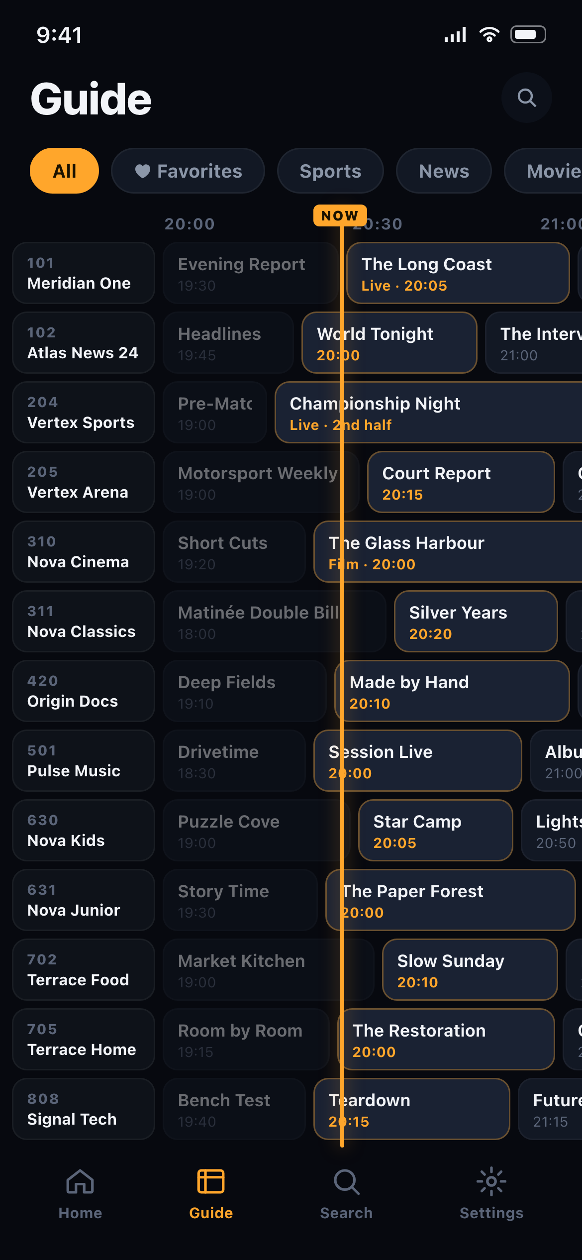 The Verso Player programme guide on iPhone, showing channel numbers, a programme grid and a live NOW line