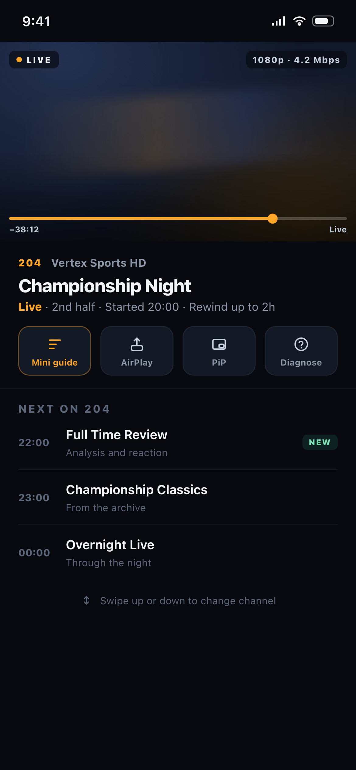 Verso Player playback screen with live rewind bar, channel info, mini guide and AirPlay, PiP and Diagnose controls