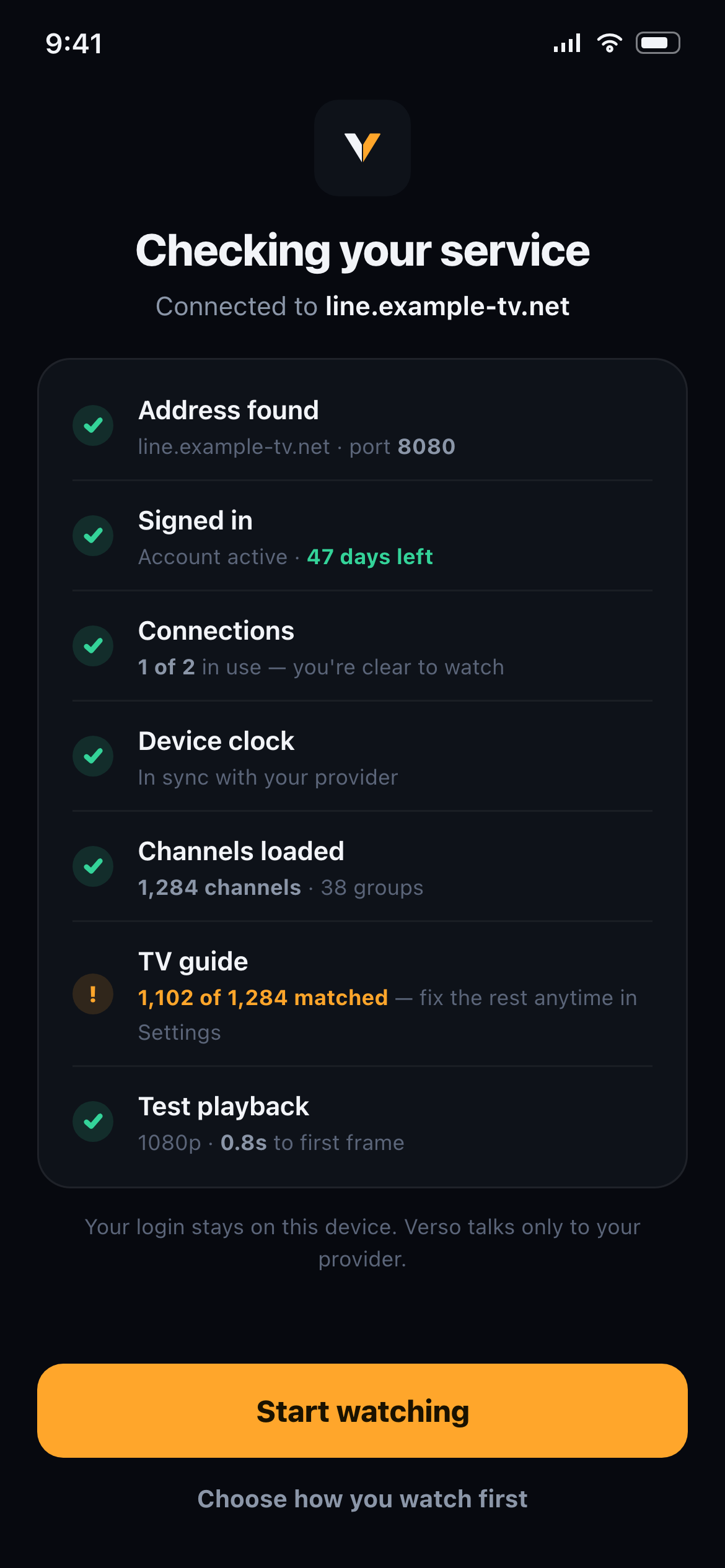 Verso Player setup screen running through a visible checklist: address found, signed in, connections, device clock, channels loaded, TV guide matched, test playback